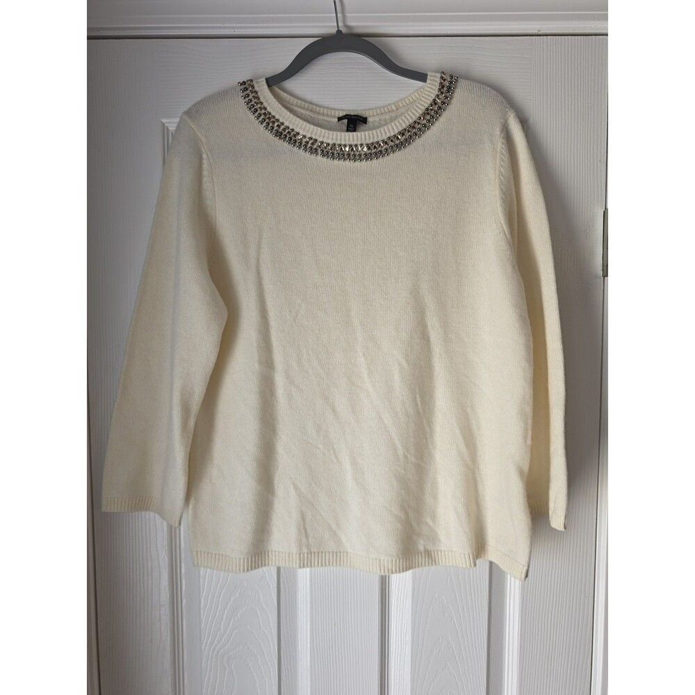 Talbots Beaded Neckline Cream Sweater Cashmere Viscose XL Classy Sophisticated